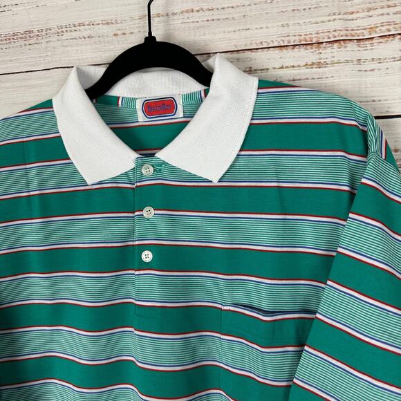 Men's VTG NWOT Benton Row Green Blue Multi Stripe Pocket Collar SS Polo Shirt XL - Picture 1 of 6